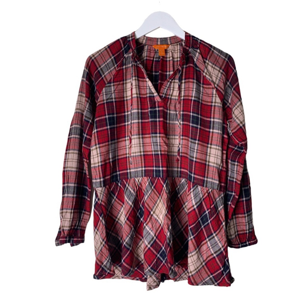 JOE FRESH Red Plaid Peplum Tunic Top Tie Front Keyhole Detail Size Medium M
